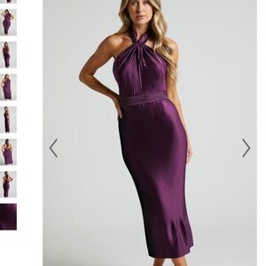 Showpo purple pleated open back halter dress